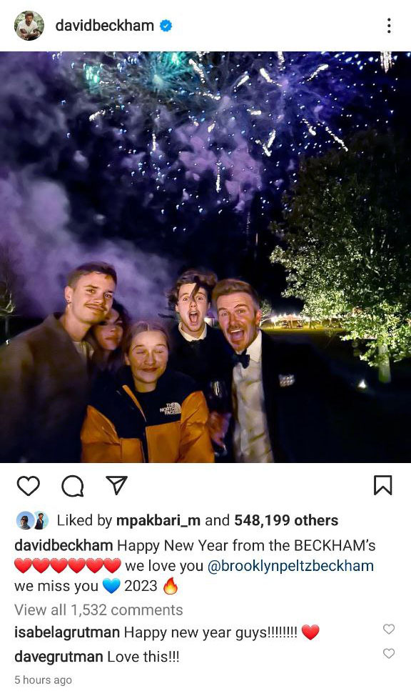 عکسی جالب از جشن سال نوی میلادی "خانواده دیوید بکام"/ تصویر