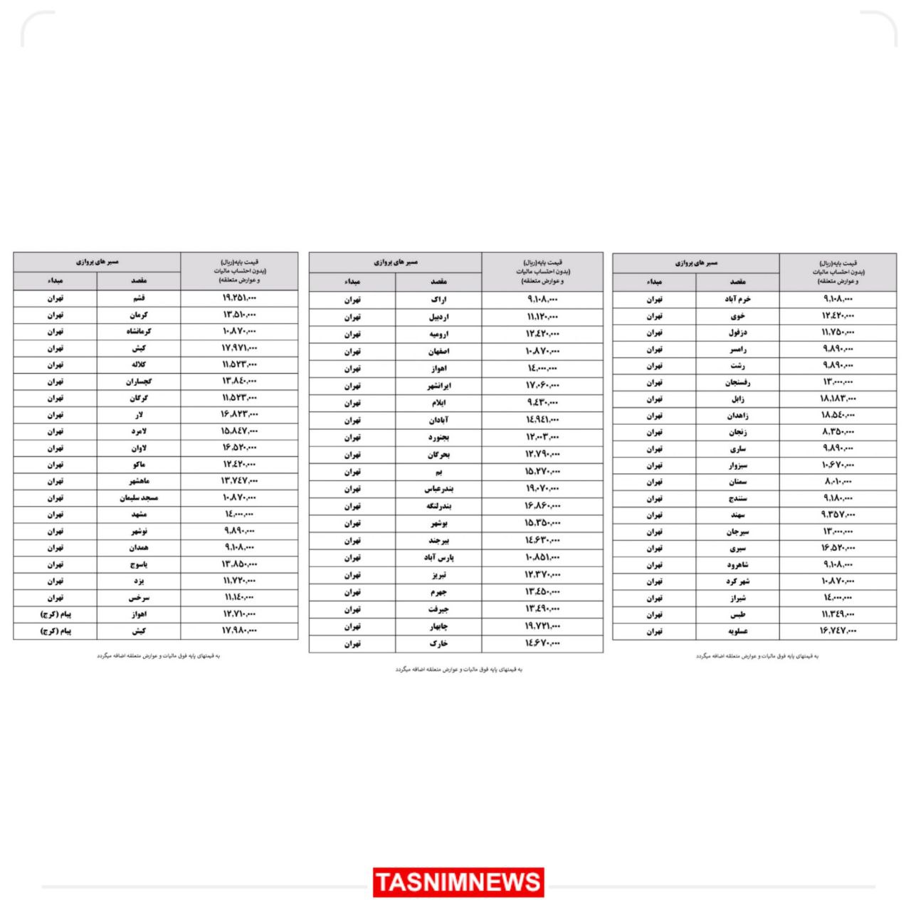 قیمت جدید بلیت هواپیما